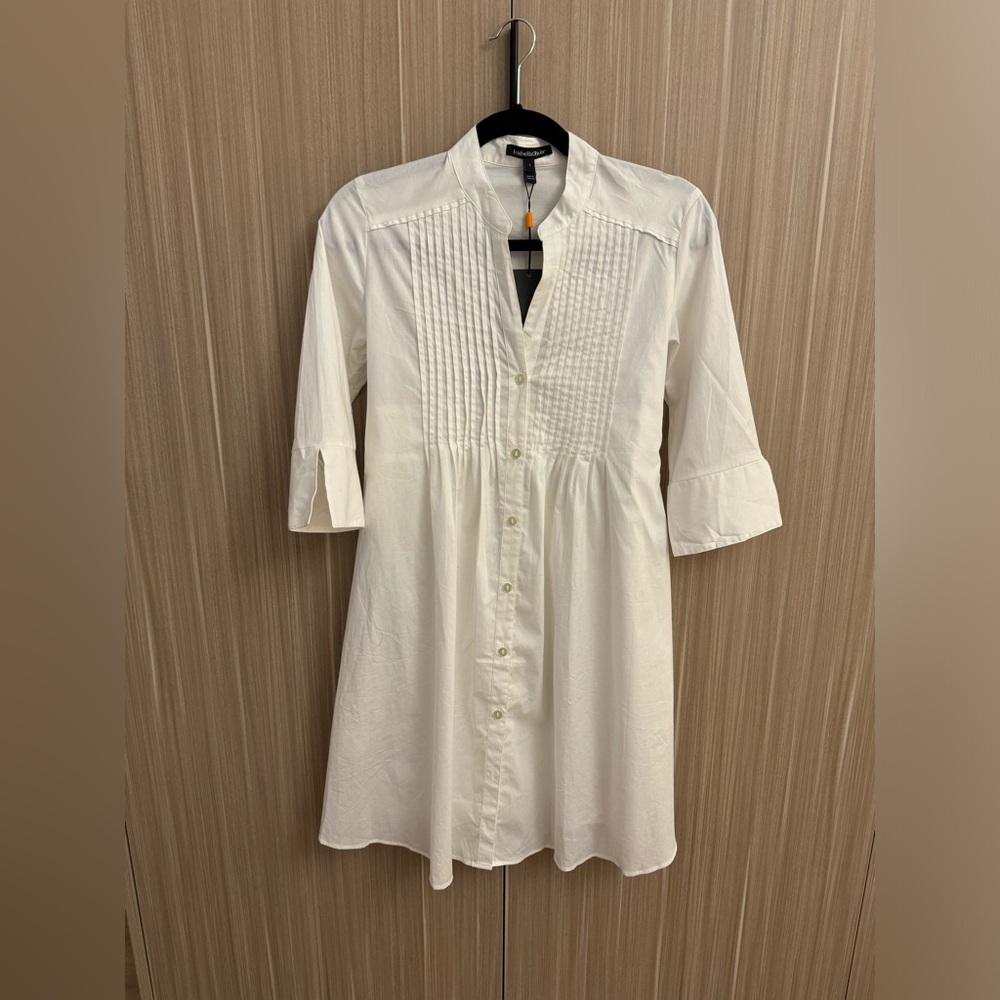 NWT White Maternity Button Down Dress with Pleats and Tie Back Detail